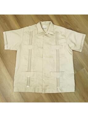 Guayabera Autentica Vintage Men's Cream Satin Cuban Copacabana Tropical Shirt L